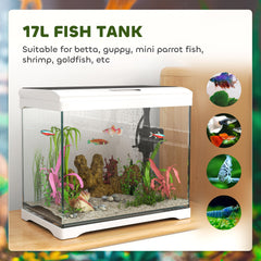 PawHut 17L Glass Fish Tank with Filter System, LED Light, Water Pump, for Betta, Goldfish, Shrimps, White