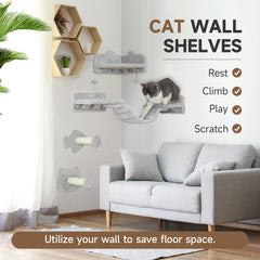 PawHut 4-Piece Cat Wall Shelves with Steps, Ladder, Jumping Platforms, Light Grey