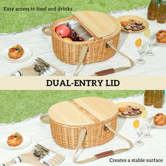 Outsunny Wicker Picnic Basket for 2 with Pine Wood Lid, Picnic Hamper with Cooler Compartment, Cutlery Service Kits, Carry Handle for Camping, Outdoor, Valentine Day, Chirtmas, Birthday, Light Brown