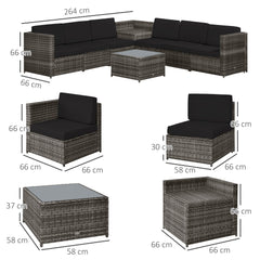 Outsunny 6-Seater Rattan Sofa Furniture Set W/ Cushions, Steel Frame-Grey