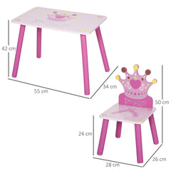 HOMCOM 3 Pcs Kids and Table Chair Set Princess & Crown Theme Home Furniture Pretty Gift 2-4 Years Pink