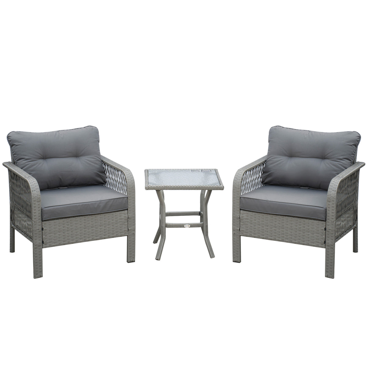 Outsunny 3 Pieces Rattan Bistro Set with Glass Top Coffee Table, Chairs and Cushions for Outdoor, Patio, Balcony, Grey