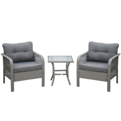 Outsunny 3 Pieces Rattan Bistro Set with Glass Top Coffee Table, Chairs and Cushions for Outdoor, Patio, Balcony, Grey