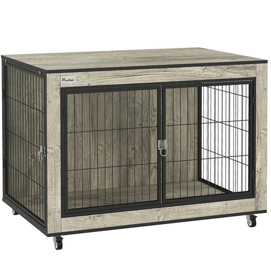 PawHut Dog Crate Furniture with Wheels, Double Doors, for Medium Dogs, 80 x 56 x 62.5cm, Grey