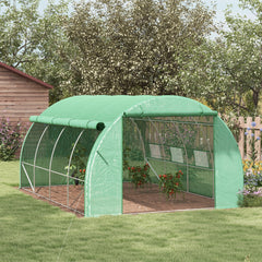 Outsunny Polytunnel Greenhouse Walk-in Grow House Tent with Roll-up Sidewalls, Zipped Door and 8 Windows, 4x3x2m Green