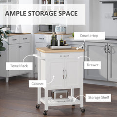 HOMCOM Kitchen Storage Trolley Cart Rolling Wheels Shelves Cupboard W/ Drawer And Towel Rail Rubber Wood Worktop White