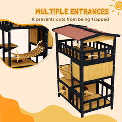 PawHut Outdoor Cat Shelter, Four-Tier Wooden Feral Cat House, with Suspension Bridge, Cat Houses, Balcony, Escape Doors