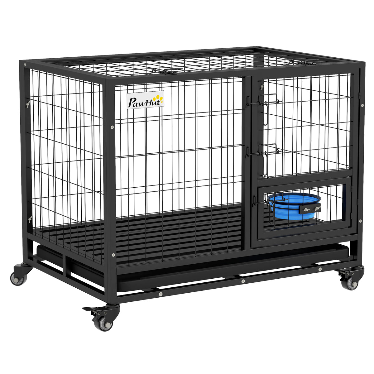 PawHut Heavy Duty Dog Crate on Wheels w/ Bowl Holder, Removable Tray, Openable Top, Detachable Door, for M, L Dogs