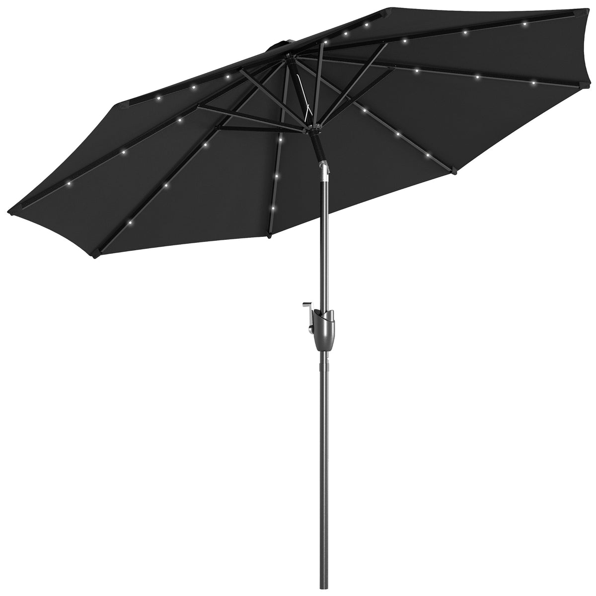 Outsunny â2.7m Garden Parasol Solar Outdoor Tilt Sun Umbrella Patio Sun Shade w/ 24 LED Light, Hand Crank and 8 Ribs, Black