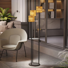 Outsunny Boho Rattan Floor Lamp, 3-Lights Rattan Lamp with Shelf, Freestanding Solar Garden Light with Auto On/Off Lights, IP44 Waterproof for Porch, Pathway, Deck, Yellow