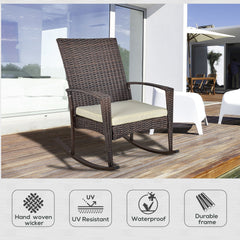 Outsunny PE Rattan Garden Rocking Chair, Outdoor Rocking with Cushion, 160 KG Capacity Wicker Garden Armchair Rocker with Metal Frame for Patio, Porch, Balcony, Brown