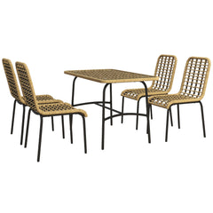 Outsunny 5 Pcs Rattan Outdoor Dining Set Patio Conservatory w/ Tempered Glass Tabletop Hollowed-out Design - Natural Wood Finish