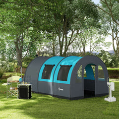 Outsunny Six Man Duo Room Tunnel Tent, with Accessories - Grey/Blue