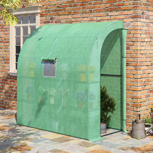 Outsunny Walk-In Lean to Wall Greenhouse with Windows and Doors, Outdoor Green House with 3 Tiers 4 Wired Shelves, 200L x 100W x 215Hcm, Green