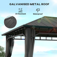 Outsunny 3 x 4m Hardtop Gazebo with Galvanised Steel Roof and Water Gutter, Waterproof Permanent Pavilion Garden Gazebo with Netting and Curtains for Patio, Deck