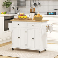 HOMCOM Rolling Kitchen Island Storage Trolley with Rubber Wood Top & Drawers for Dining Room, Cream White