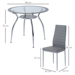 HOMCOM Five-Piece Dining Set, with Padded Chairs and Glass-Top Table - Grey