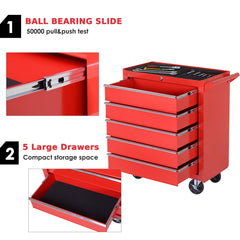 DURHAND 5-Drawer Lockable Tool Storage Cabinet with Wheels, Handle, 2 Keys, Steel Home Work DIY Workshop Chest, Garage Equipment Trolley, Red