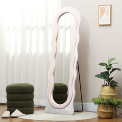 HOMCOM Wavy Velvet-Feel Full Length Mirror - Pink