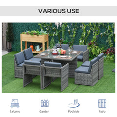 Outsunny 8 Seater Rattan Cube Garden Furniture Set with Parasol Hole, Rattan Dining Set with Cushions, Outdoor Dining Table and Chairs with Square Glass Top Table for Patio, Balcony, Mixed Grey