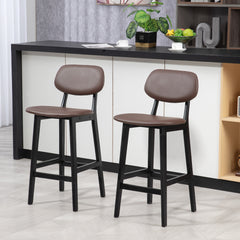 HOMCOM Bar Stools Set of 2, Contemporary Breakfast Bar Chairs, Faux Leather Upholstered Kitchen Stools with Backs and Solid Wood Legs, Brown