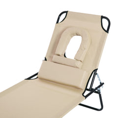 Outsunny Outdoor Foldable Sun Lounger, 4 Level Adjustable Backrest Reclining Sun Lounger Chair with Pillow and Reading Hole, Beige