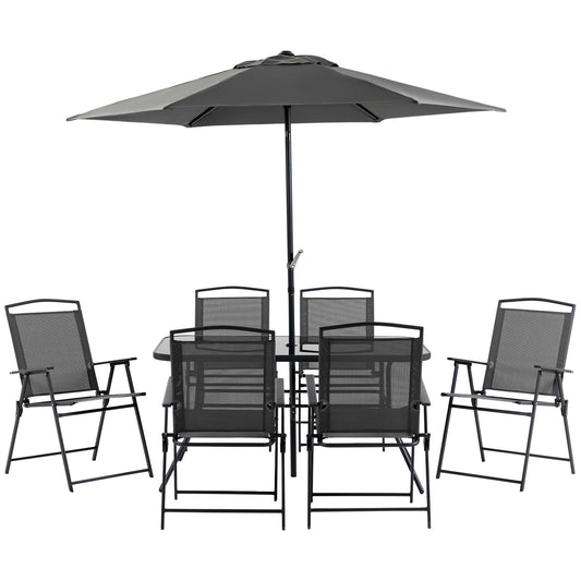 Outsunny Eight-Piece Garden Dining Set, with Chairs, Table and Parasol - Black