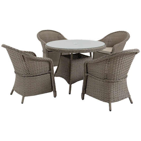 Outsunny 4 Seater Rattan Garden Furniture Set with Cushions, Round PE Rattan Dining Set with Glass-Top Table, Umbrella Hole, Outdoor Garden Table and Chairs, Mixed Grey