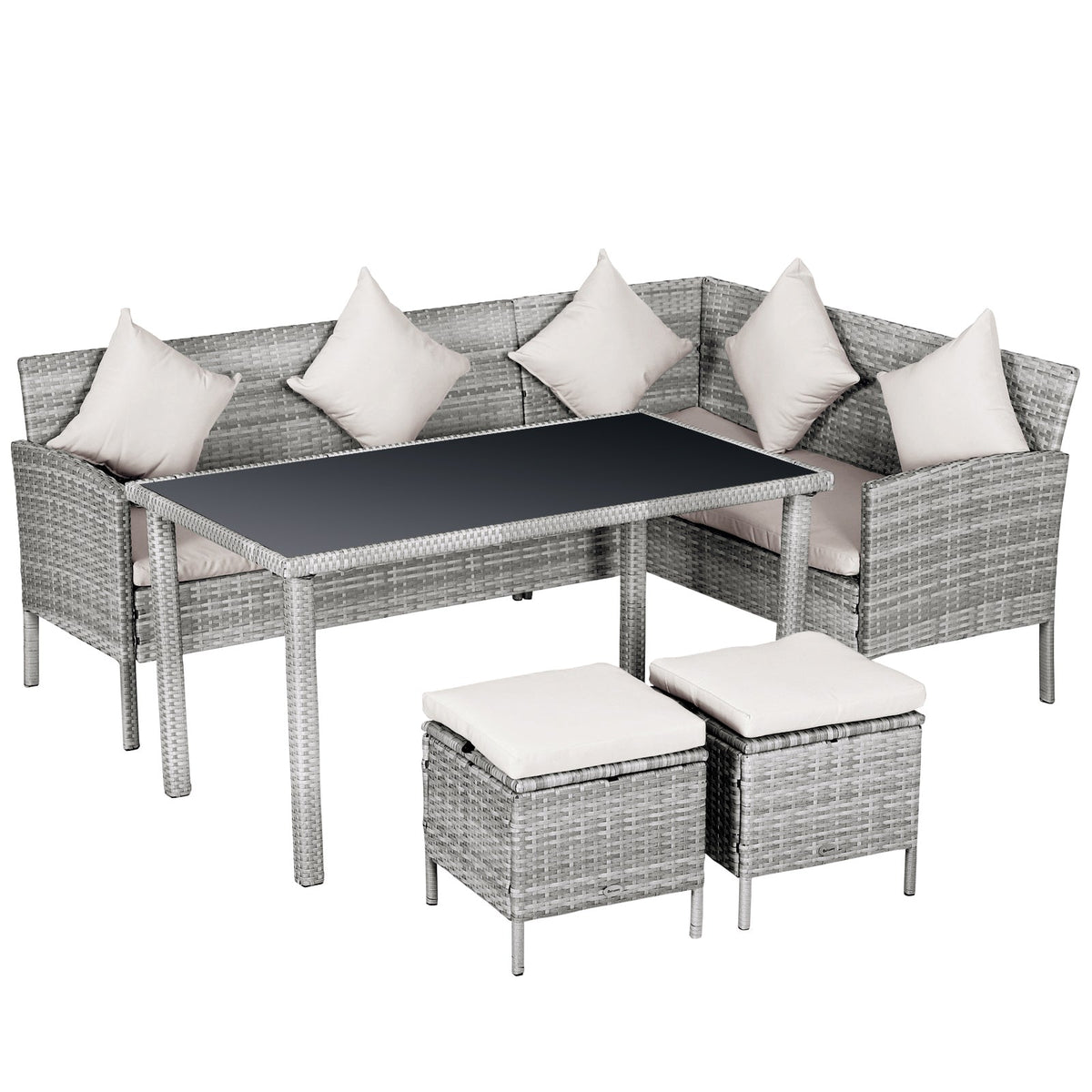 Outsunny 6-Seater Rattan Dining Set Sofa Table Footstool Outdoor w/ Cushion Garden Furniture