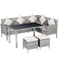 Outsunny 6-Seater Rattan Dining Set Sofa Table Footstool Outdoor w/ Cushion Garden Furniture