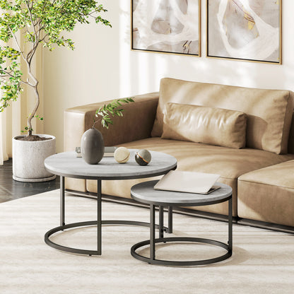 HOMCOM Set of Two Marble-Effect Stacking Tables - Wood Grey