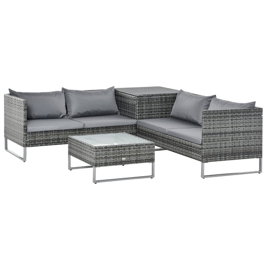 Outsunny 4 PCs Garden Rattan Wicker Outdoor Furniture Patio Corner Sofa Love Seat and Table Set with Cushions Side Desk Storage - Mixed Grey