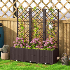 Outsunny Raised Garden Bed with Trellis, Plastic Planter Box with Drainage Holes and Drain Plugs for Climbing Plants, Vegetables, Flowers, Brown