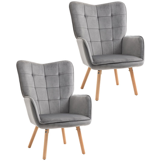 كرسي HOMCOM Modern Accent Chair بذراعين مبطن ومبطن بجناحين ومبطن بلمسة مخملية مع أرجل خشبية، مجموعة من قطعتين، باللون الرمادي