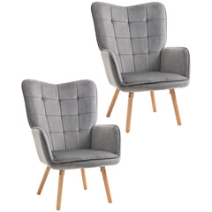 HOMCOM Modern Accent Chair Velvet-Touch Tufted Wingback Armchair Upholstered Leisure Lounge Sofa Club Chair with Wood Legs, Set of 2, Grey