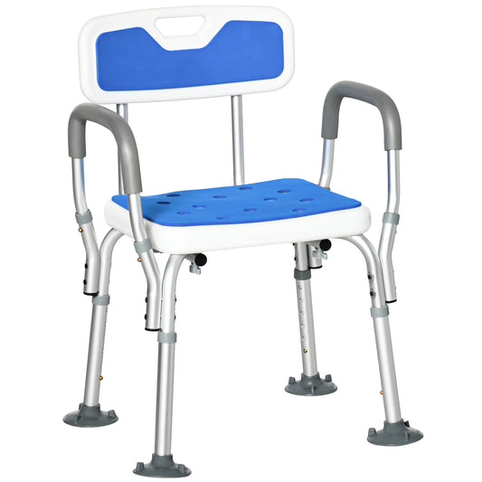 HOMCOM EVA Padded Shower Chair for the Elderly and Disabled, Height Adjustable Shower Stool with Back and Arms, 4 Suction Foot Pads, Blue