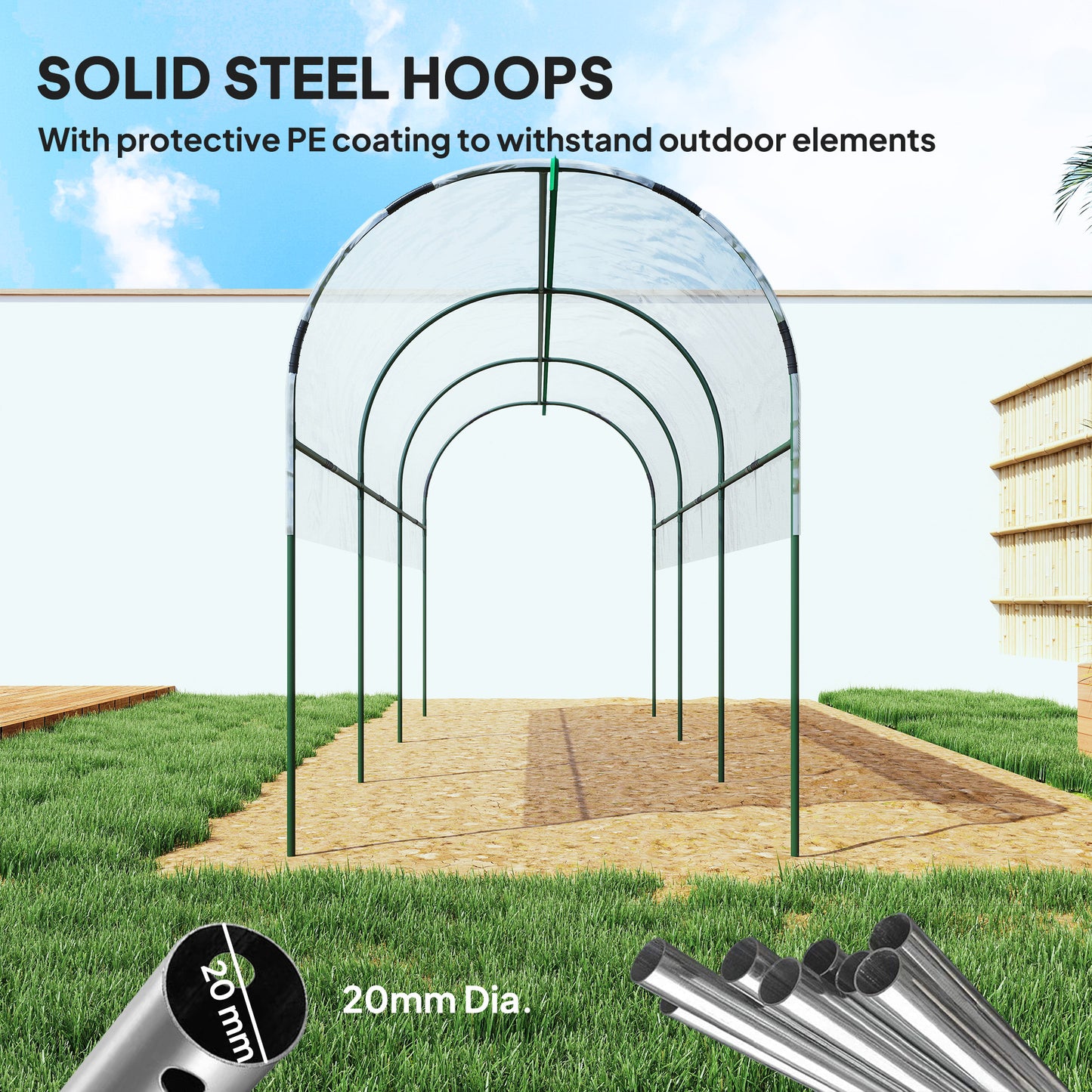 Outsunny Tunnel Tomato Greenhouse with 4 Hoops and Top Tap, Pointed Bottom and Guy Ropes, 400 x 123 x 171 cm, Clear