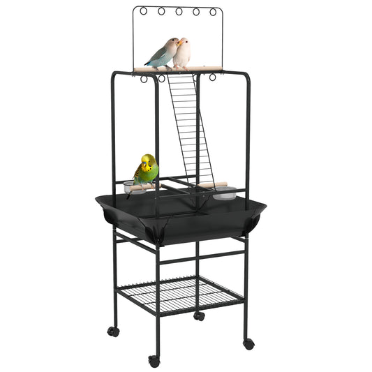 PawHut Steel Bird Table, Bird Feeder stand, with Perches, Stainless Steel Feed Bowls, Trays - Dark Grey