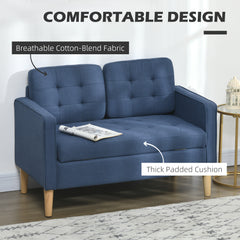 HOMCOM Modern Loveseat Sofa, Compact 2 Seater Sofa with Hidden Storage, 117cm Tufted Cotton Couch with Wood Legs, Blue