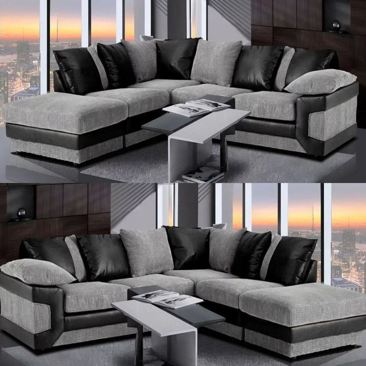 Swansea II Jumbo Cord Black and Grey Corner Sofa - Right and Left Arm