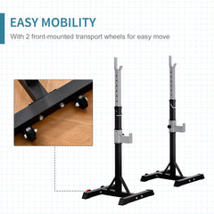 حامل القرفصاء من HOMCOM Barbell Squat Rack، مقعد رفع الأثقال القابل للتعديل، أقصى حمولة 150 كجم، تمارين اللياقة البدنية في صالة الألعاب الرياضية، تدريب القوة، حامل تمرين الضغط مع عجلات