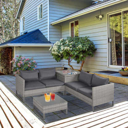 Outsunny 4 PCs PE Rattan Wicker Sofa Set Outdoor Conservatory Furniture Lawn Patio Coffee Table w/ Side Storage Box & Cushion, Grey