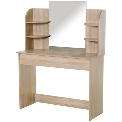 HOMCOM Modern Dressing Table Writing Desk W/ Mirror, Big Drawers, 2-Tier Open Shelf For Home Bedroom Natural