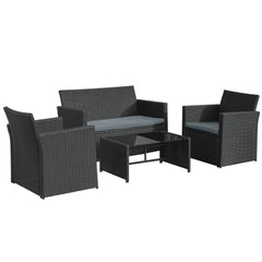 Outsunny 4 Pieces PE Rattan Garden Sofa Set with Cushions, Outdoor Patio Wicker Weave Conservatory Furniture Set with a Loveseat, 2 Armchairs and a Glass Top Coffee Table, Black