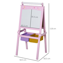 HOMCOM Kids Easel 3 in 1 Wooden Art Easel with Paper Roll Double-Sided Chalkboard & Whiteboard with Storage Baskets for Toddler Girls, Pink