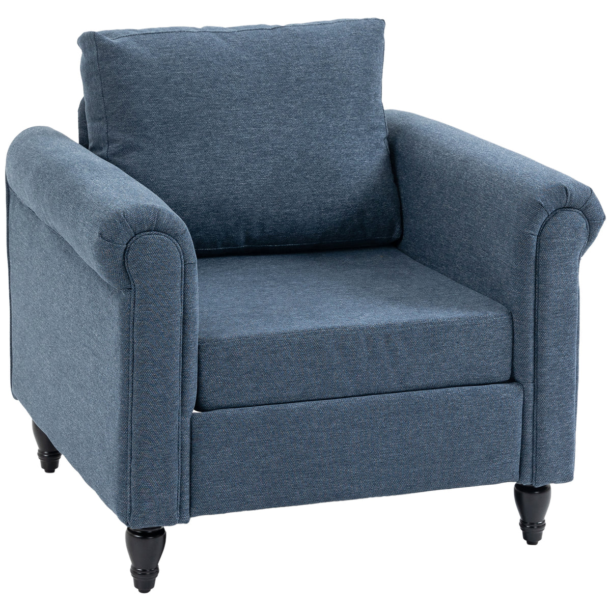 HOMCOM Vintage Accent Chair, Upholstered Occasional Chair with Back Pillow, Rolled Arms, Rubber Wood Legs, Dark Blue