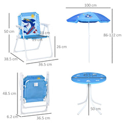 Outsunny Kids Outdoor Bistro Table and Chair Set, Folding Garden Furniture w/ Shark Design, Removable, Adjustable Sun Umbrella, Ages 3-6 Years - Blue