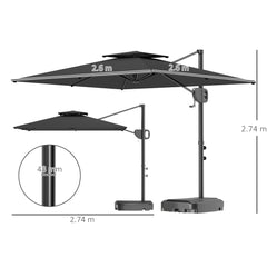 Outsunny Cantilever Parasol with Weighted Base Double Top Garden Parasol Square Hanging Patio Umbrella with Crank Tilt Dark Grey