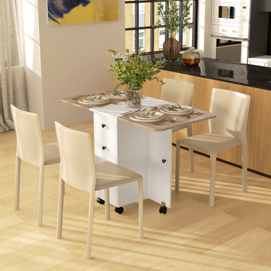 HOMCOM Multi-Storage Six-Person Drop Leaf Dining Table - Oak and White