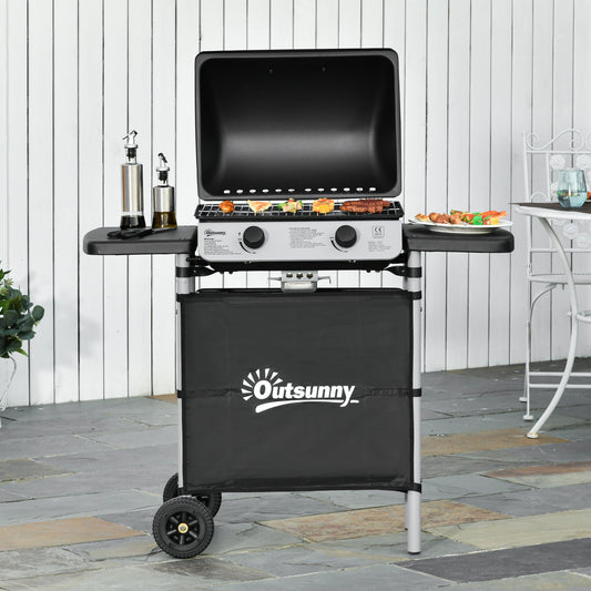 Outsunny 2 Burner Gas BBQ Trolley with Lid, 5.6 kW Gas Barbecue Grill with Wheels, Side Shelves, Black